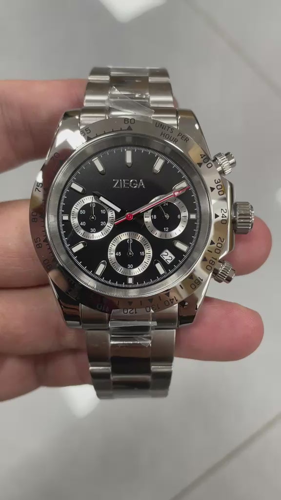 Mens chronograph watch with a black dial