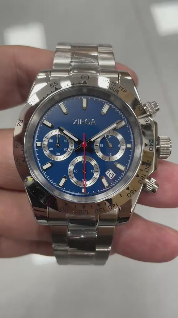 Ziega mens Chronograph watch with a blue face